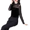 Women Shirt Shiny Stripe See-through Lace Patchwork Long Sleeve Stand Collar Solid Color Soft Pullover Commute Lady Blouse Top