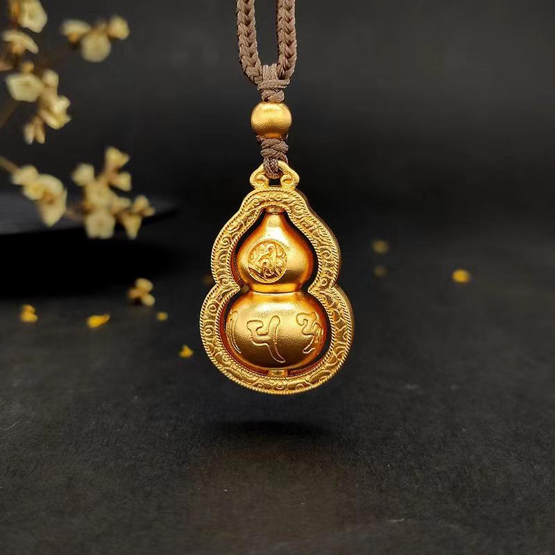 Gold-Plated Brass Rotating Mantra Gourd Pendant Necklace - Unisex Gift