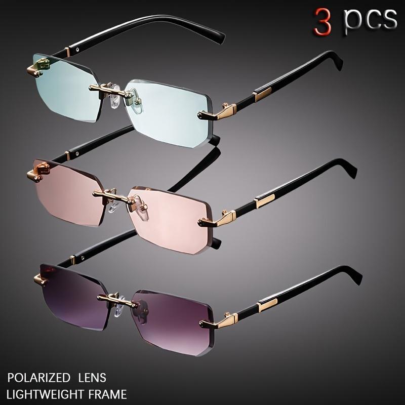 3pcs Fashion Cool Frameless Rectangular Small Frame Metal Glasses for Men Casual Business School Party Vacation Driving