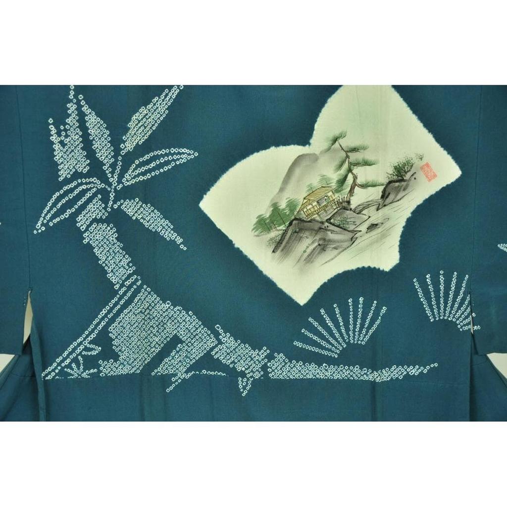 Used Men's kimono, undergarment, pure silk, closet color, booklet text, landscape painting, shibori pique pattern, retro