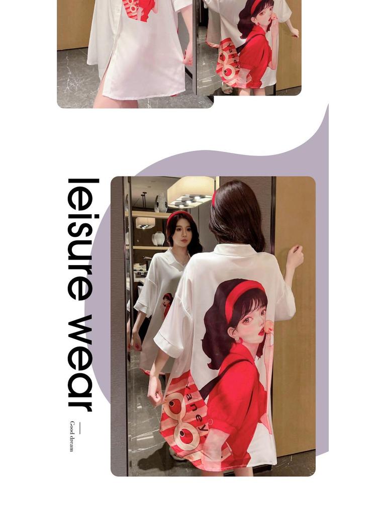 Japanese Ice Silk Red Print Nightdress - Sexy, Lightweight, Summer-Ready Pajamas for Women