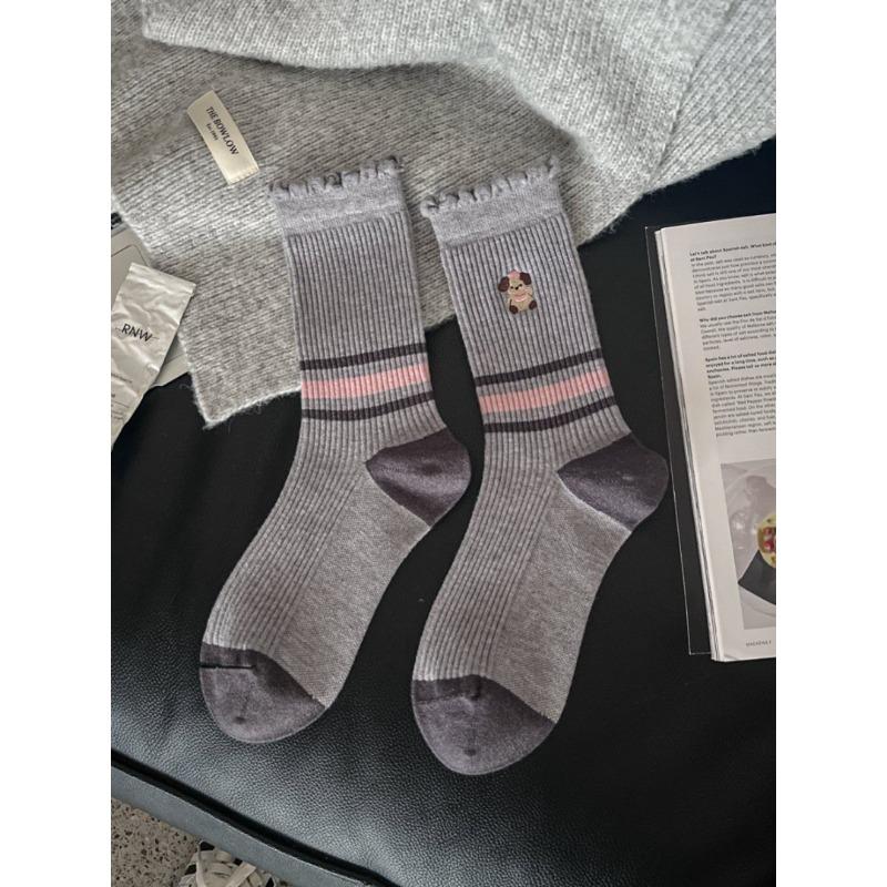 2 Pairs of Mid-calf Socks - Women's Fall/winter Imitation Cashmere Socks - Women's Striped Fashionable Embroidered Sausage Dog Pile Socks - Long Socks