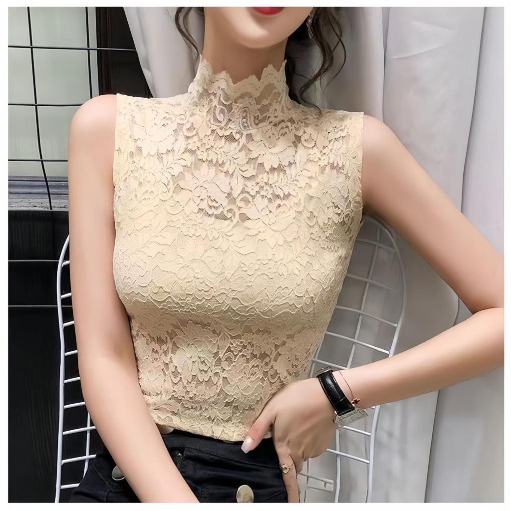 Women's Sleeveless High Collar Lace Shirt with Faux Collar
