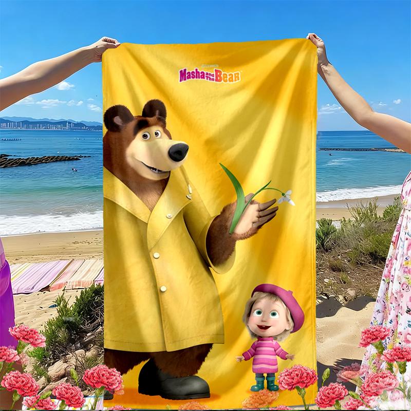 Masha and The Bear Print Beach Towel, Versatile Lightweight Absorbent Beach Towel for Pool Surf Yoga Bathroom, Perfect Birthday Holiday Gift