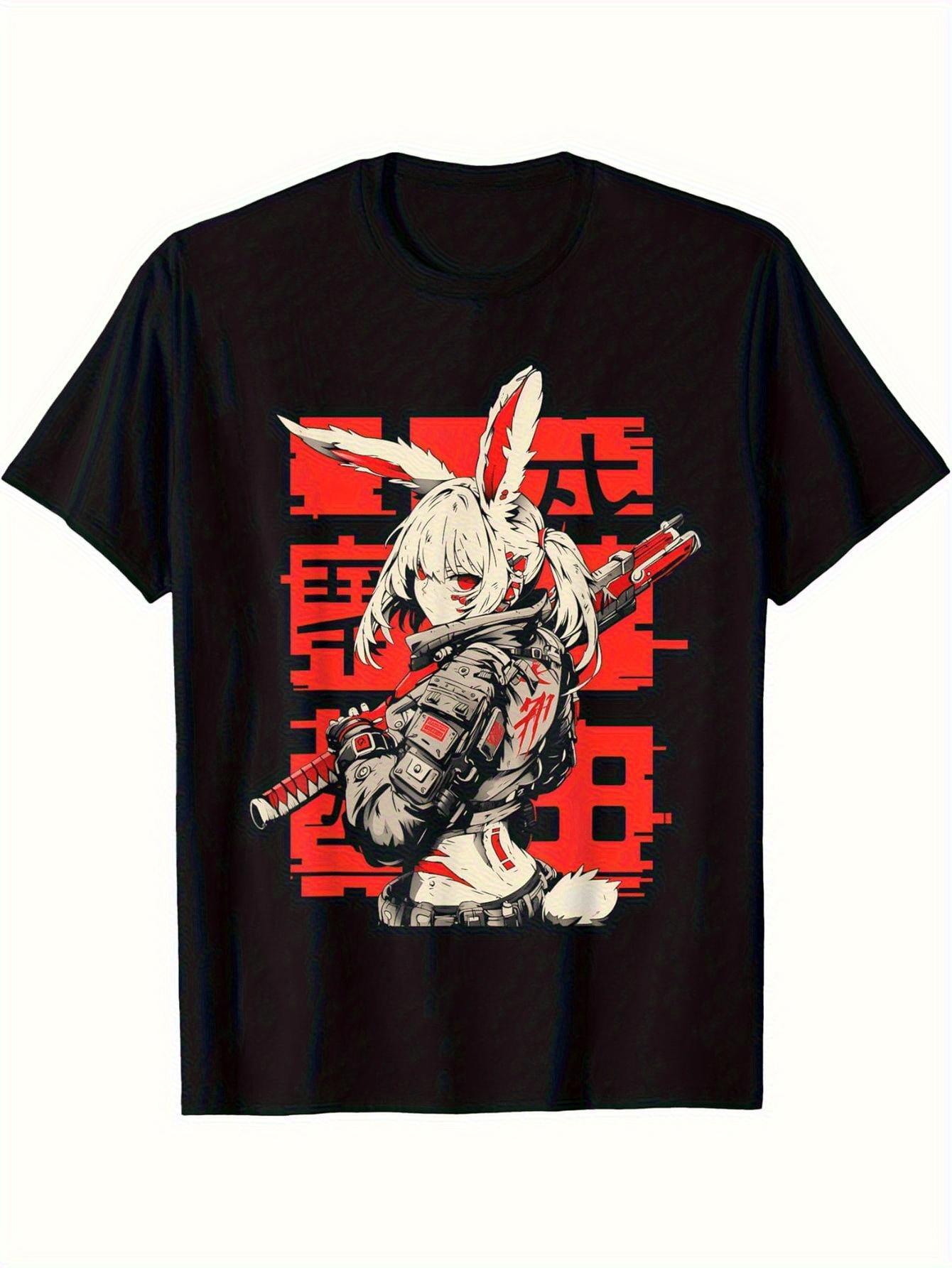 Anime Manga Cyberpunk Techwear Harajuku Bunny Graphic T-shirt - 100% Cotton Machine Washable Unisex Tee with Futuristic Rabbit & Japanese Text Design XXXL