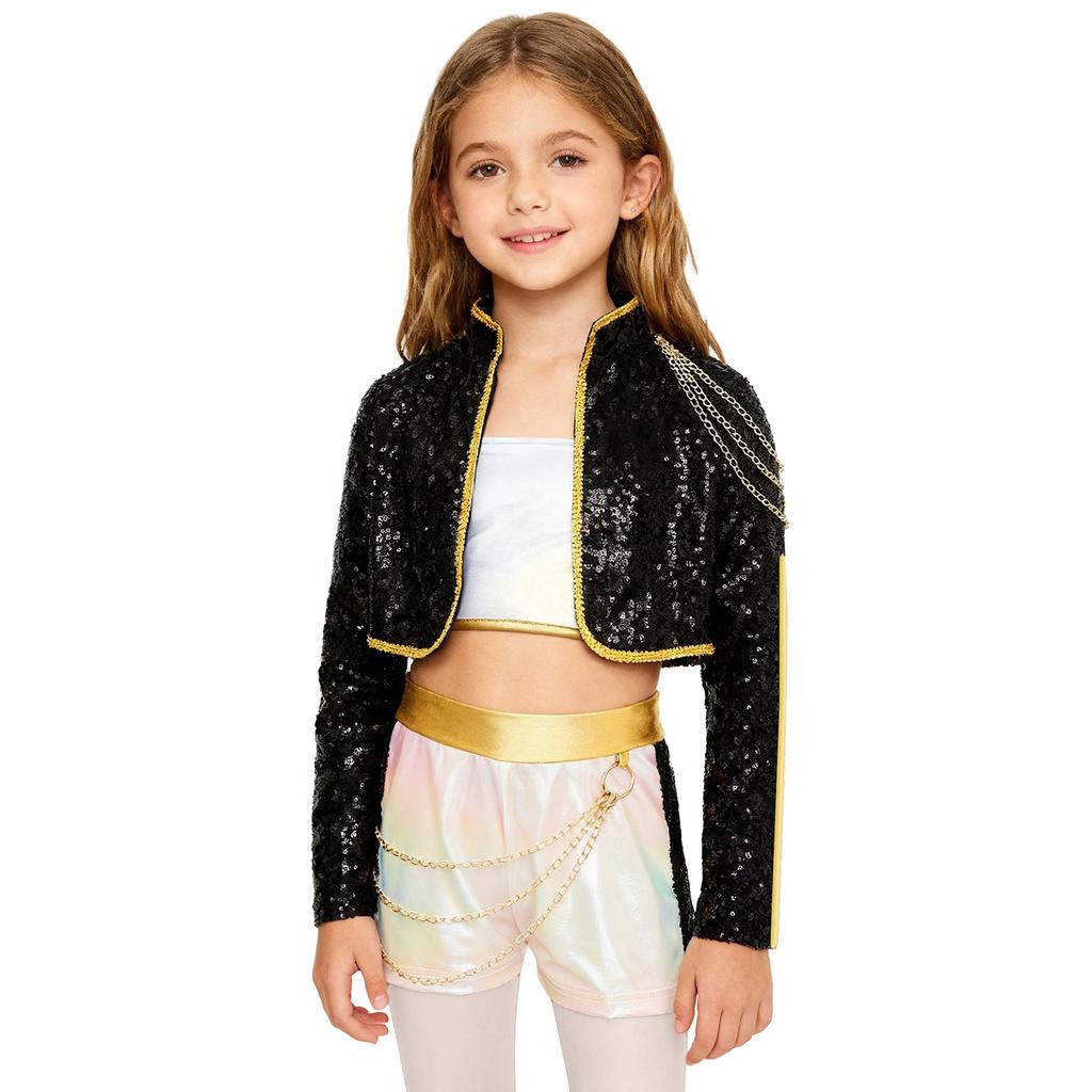 Kids Demon Singer Leader 3 Piece Dance Set Sequins Jacket Crop Top with Shorts Stage Performance Outfit