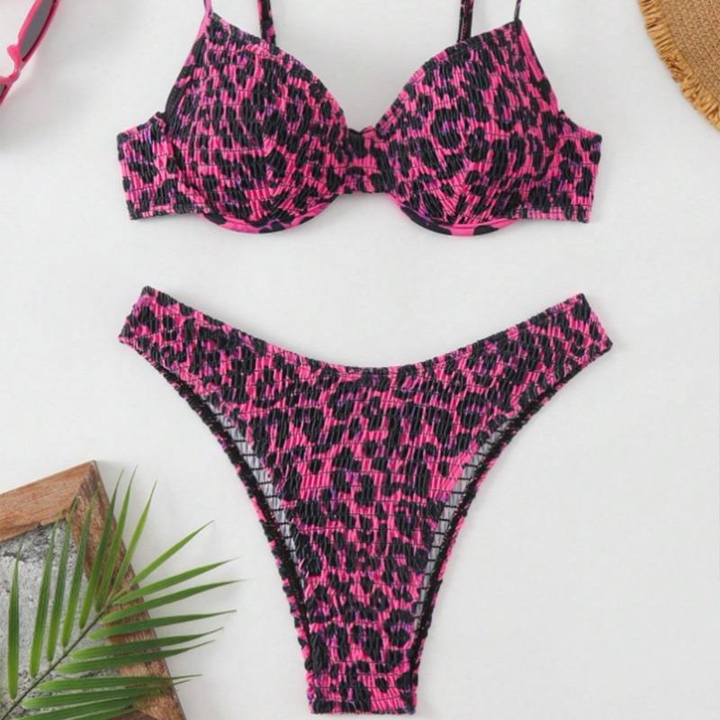 Neon Pink Black Leopard Print Smocked Two Piece Bathing Suit