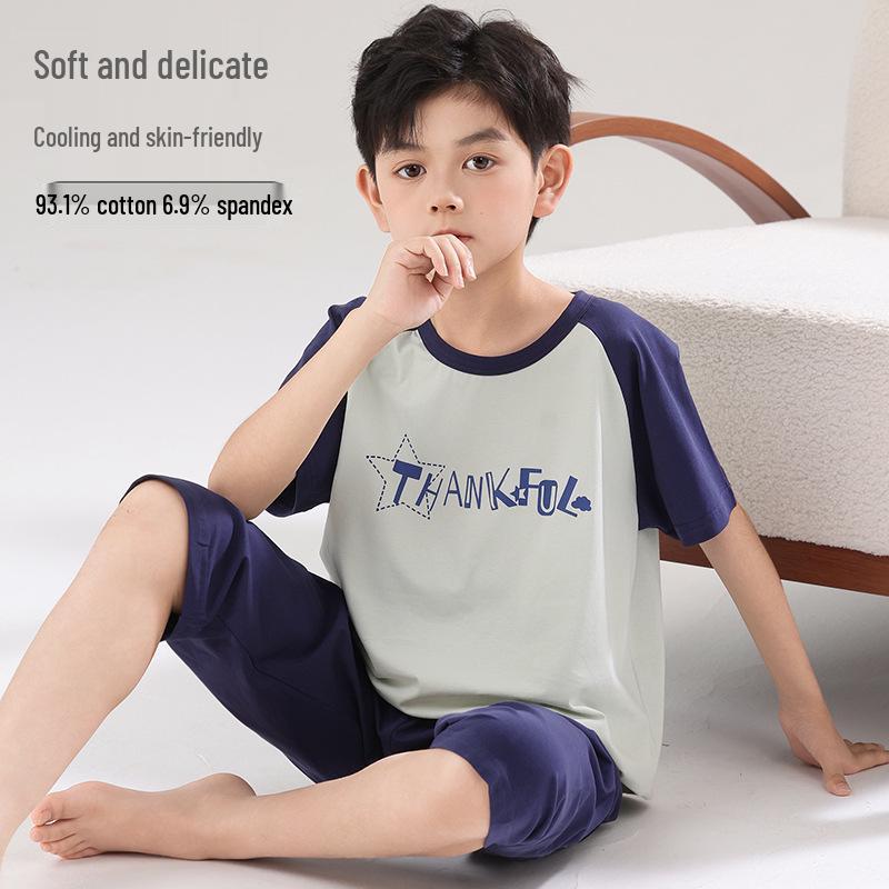 2026 Boys Lycra Cotton Pajama Set – Thin Summer Air Conditioning Sleepwear for Kids 160cm