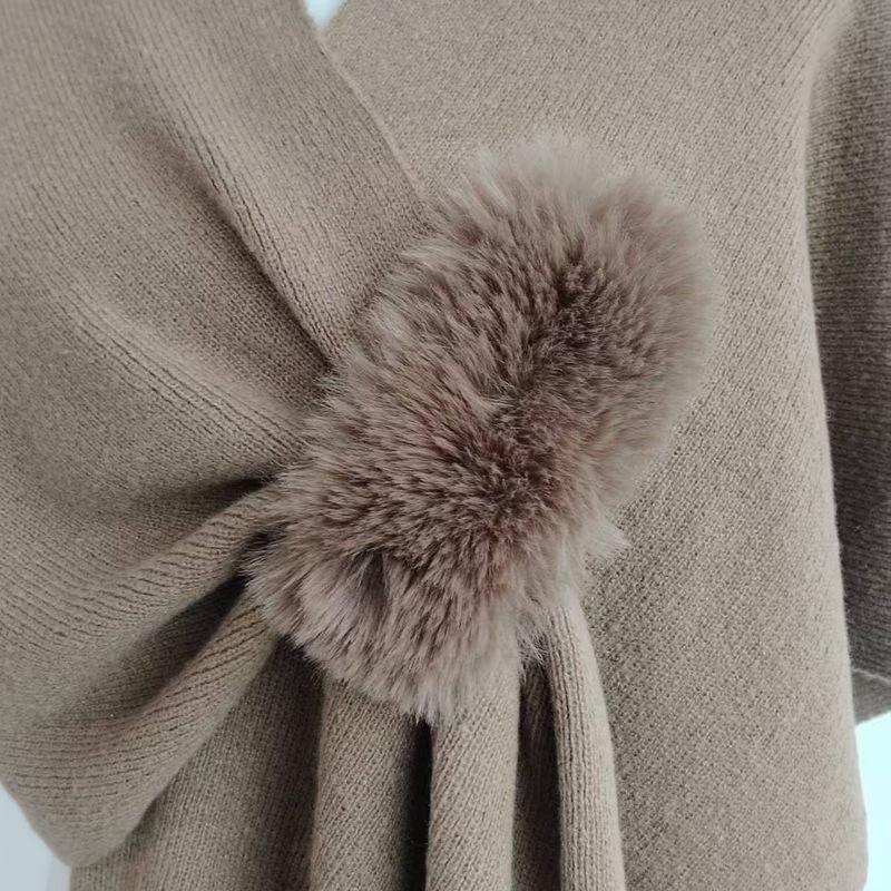 European and American Fur Collar Knitted Pom-Pom Cardigan Shawl
