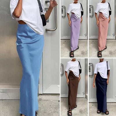 Women High Waist Satin Mermaid Long Skirt Elegant Zipper Solid Color Slim Fit A-Line Maxi Skirts for Work Party Daily Wear