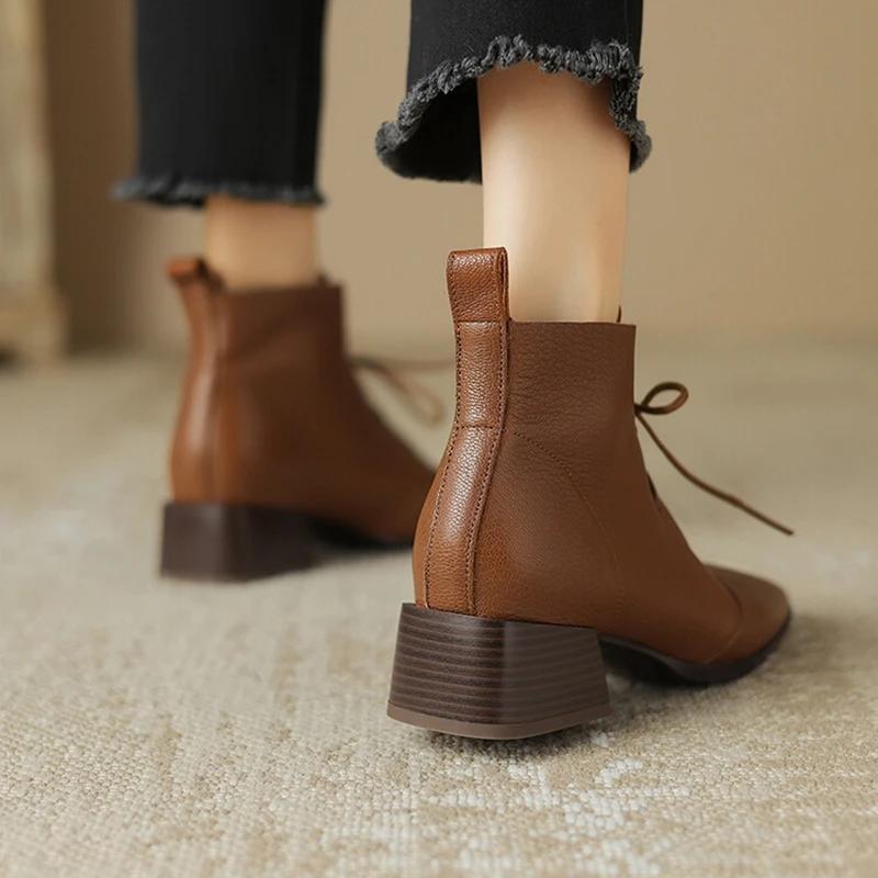 Fashion NEW Autumn Women Boots Square Toe Chunky Heel Boots Genuine Leather Shoes for Women Lace-up Ankle Boots Elegent Winter Boots