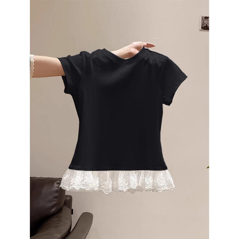 Sweet wind white lace splicing round neck short-sleeved T-shirt women's summer new Korean version slim-fitting versatile and thin top