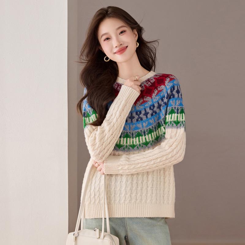 Women's Color-Blocking Wool Pullover Sweater - Stylish Loose Fit for Autumn and Winter