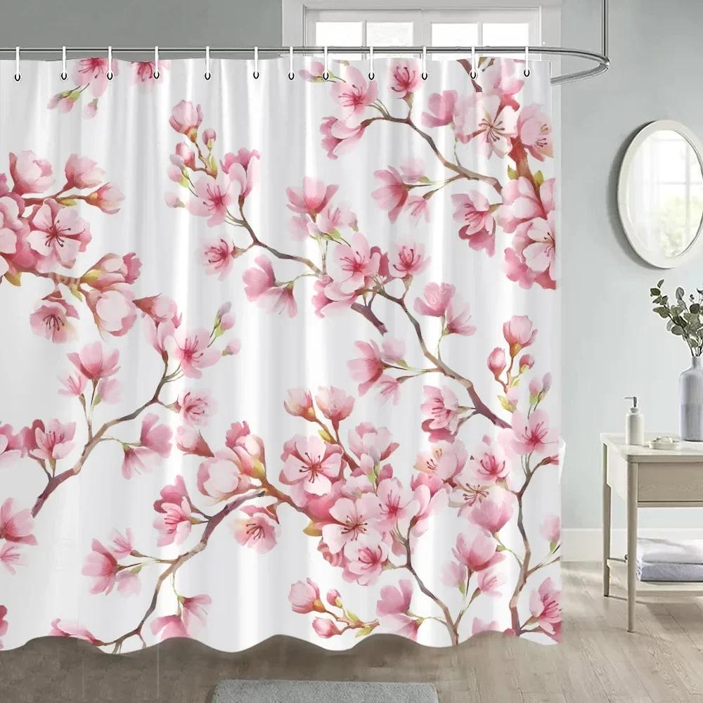 Pink Flowers Shower Curtains Cherry Blossom Floral Koi Japanese Style Bath Curtain Polyester Fabric Bathroom Decor with Hooks