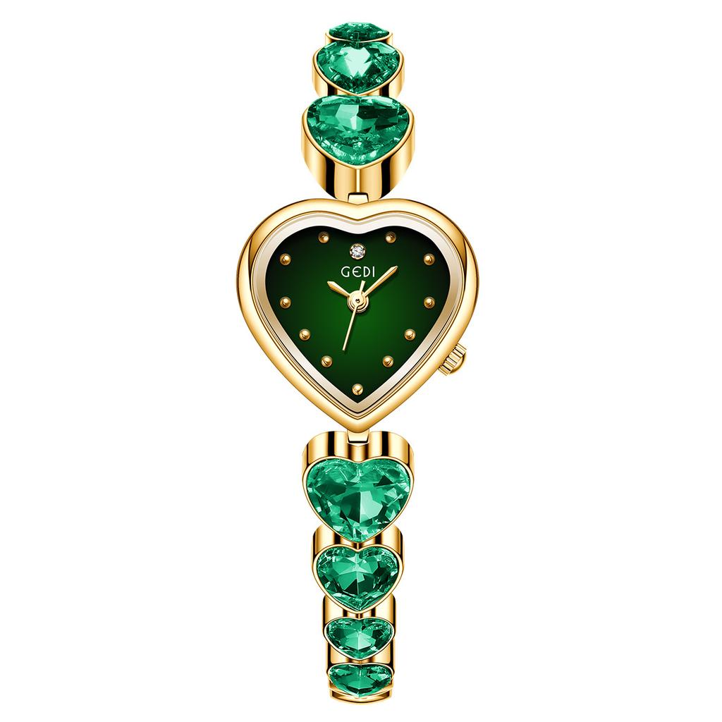 GEDI Women Quartz Wrist Watch Heart Shaped Dial Rhinestone Decor Metal Link Bracelet Waterproof Dress Watch