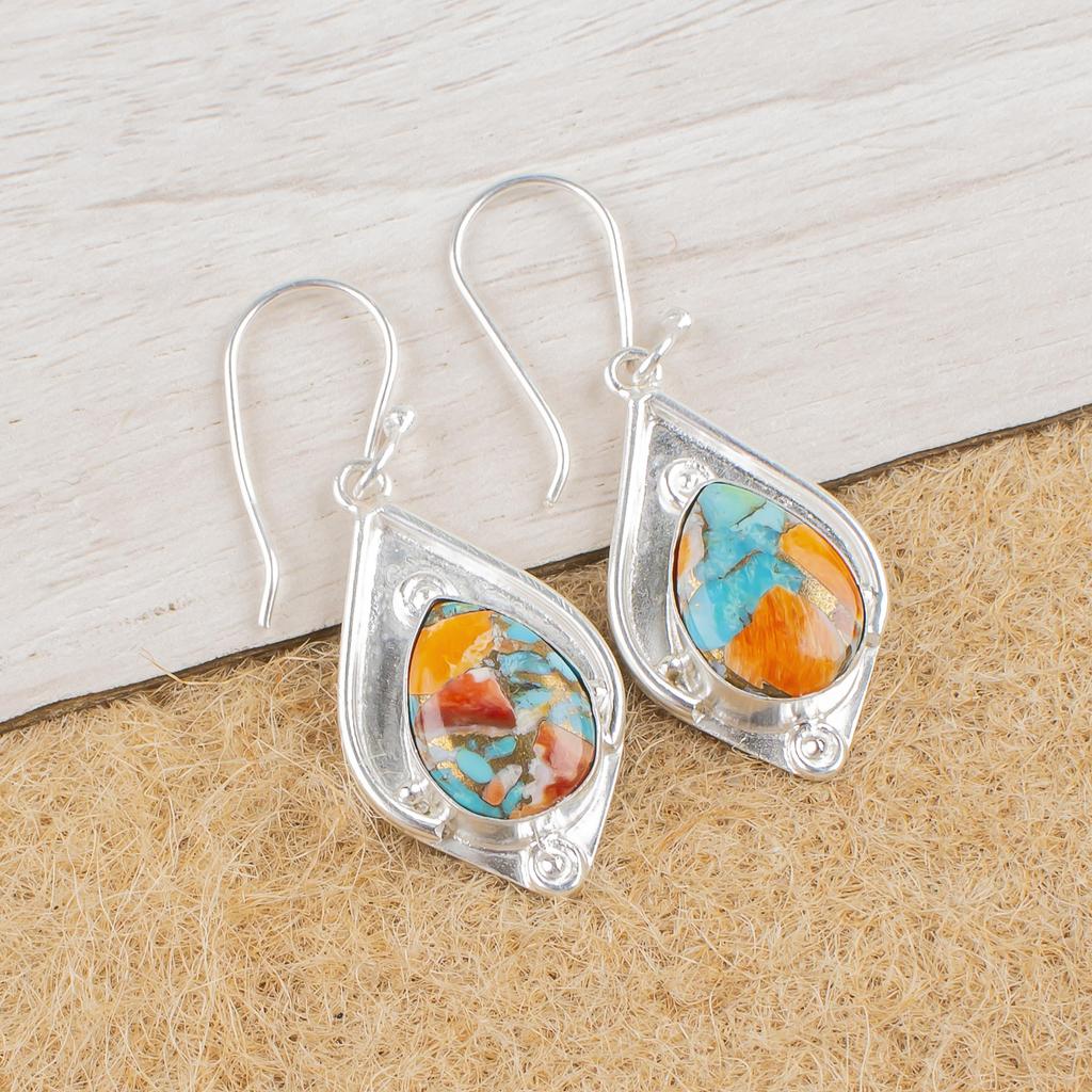 Blaue Kupfer Türkis Handgemachte Edelstein Ohrringe, 925 Sterling Silber Ohrringe Antiker Schmuck, Für Verlobungsgeschenk