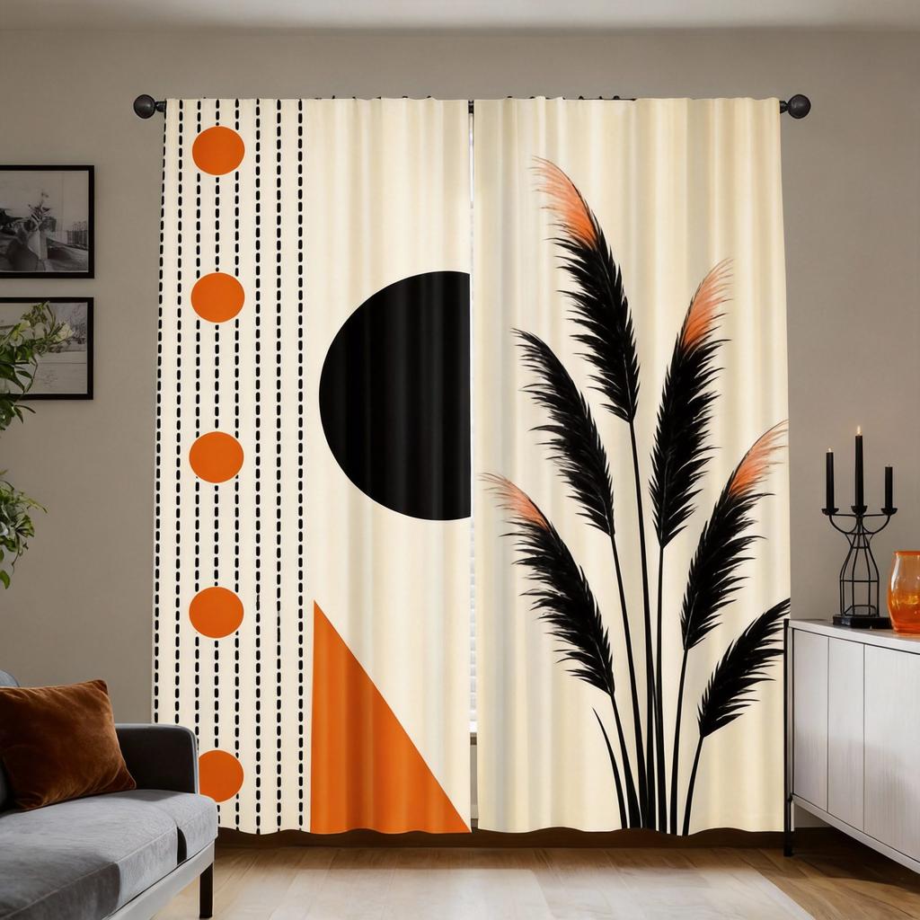 Abstract Geometric Curta 2pcs – Black, Orange & Cream with Palm Leaves, Modern Art Design for Living Room and Study Decor
