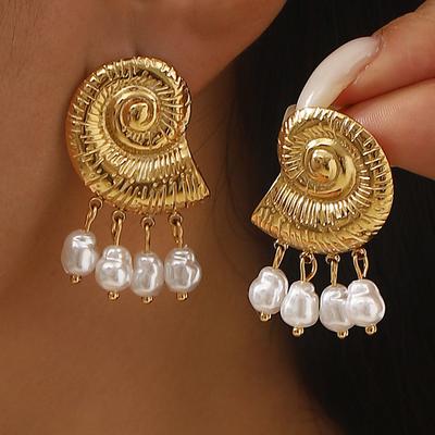 Fashion Stainless Steel Conch Flower Earrings Women Elegant Pearl 14K Gold Plated Stud Earrings Trendy Jewelry