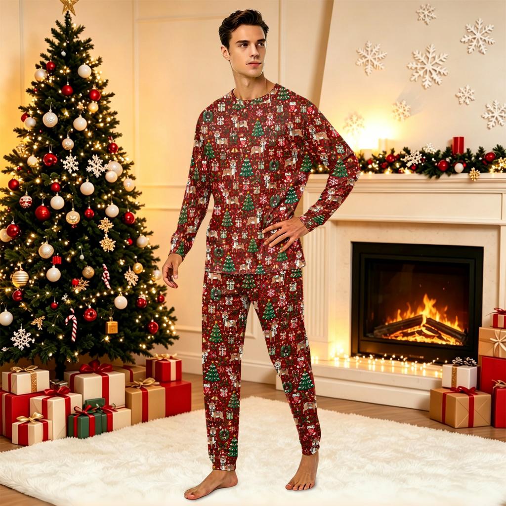 Comfortable Parent-Child Matching Christmas Print Loungewear Set with Long Sleeve Top and Pants