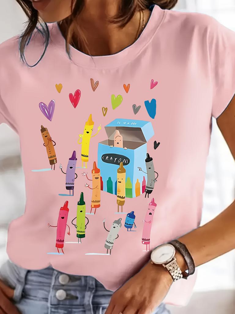 Casual Crew Neck Short Sleeve TShirt Colorful Crayon Design CRAYONS Print SpringSummer Style Casual Wear Aesthetic Clothes