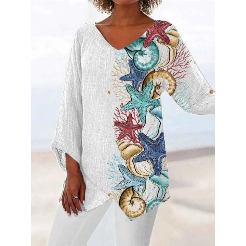 Casual Loose V-neck Irregular Hem Art Print Long Sleeve Retro Skin-friendly Women's Top