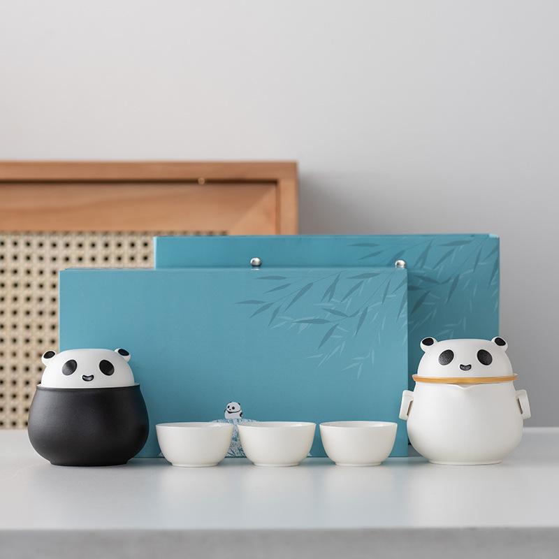Light Luxury Panda Travel Tea Set, One Pot, Three Cups of Kuaike Cup, High-end Kung Fu Tea Set Gift Box, Business Gift Accompaniment