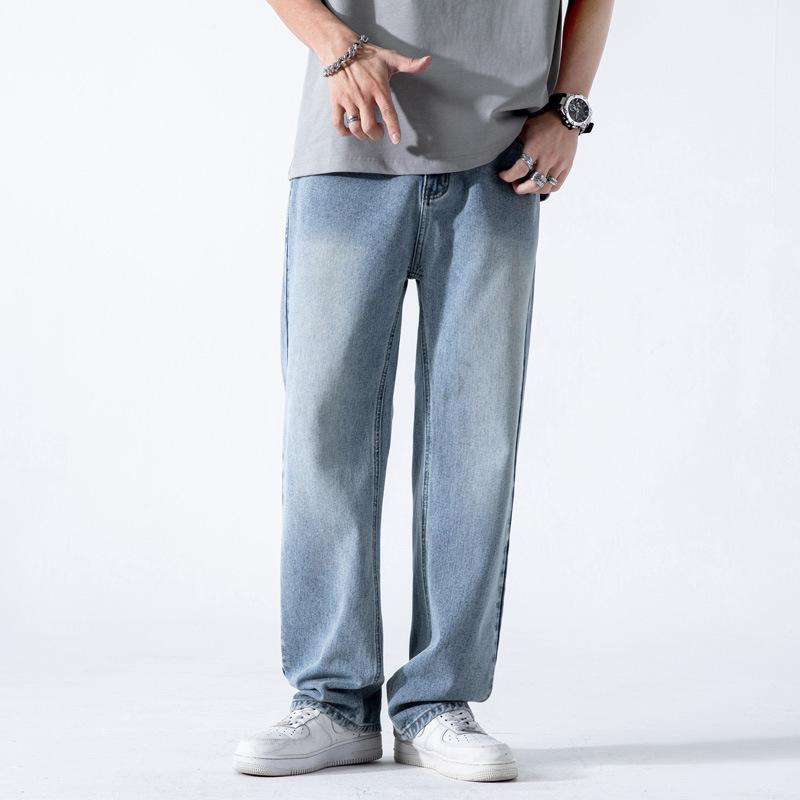 Spring Summer Men's Jeans Straight Denim Pants Elastic Waist Cotton Streetwear Male Wide Baggy Casual Blue Trousers