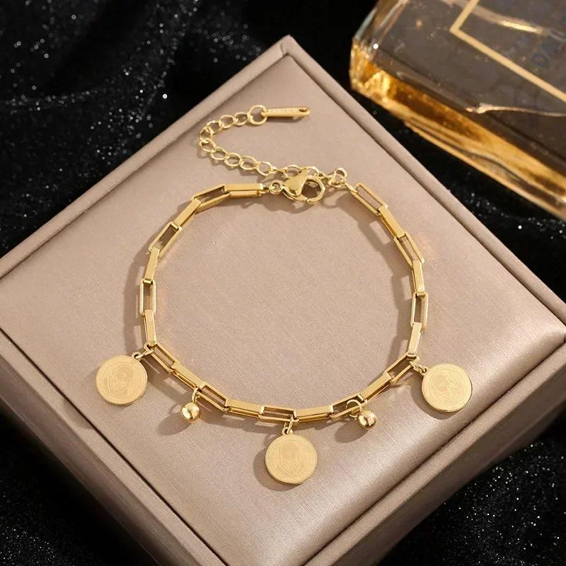 1PCS Gold-color Bracelet Ladies Hip Hop Style Stainless Steel Round Sign Portrait Pendant Wide Cross Chain Jewelry Accessories