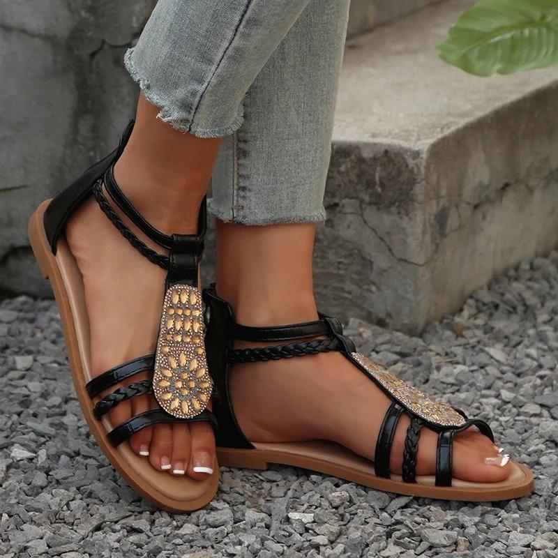Fashion Ankle Strap Braided Roman Sandals for Women 2025 Summer Shiny Crystal Flat Sandals Woman Comfortable Soft Non Slip Beach Shoes