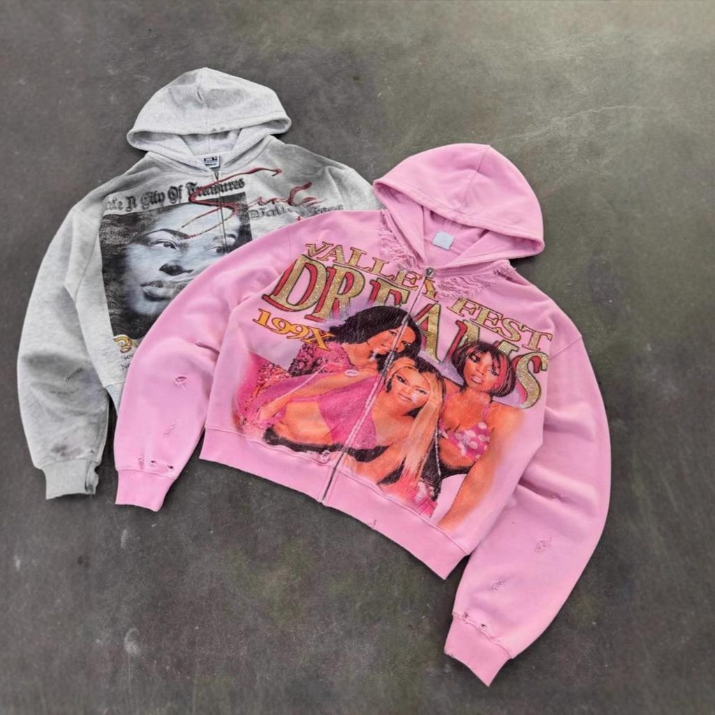 Unisex Round Neck Long Sleeve Loose Fit Hoodie Zip Up Streetwear Hip Hop Sweatshirt