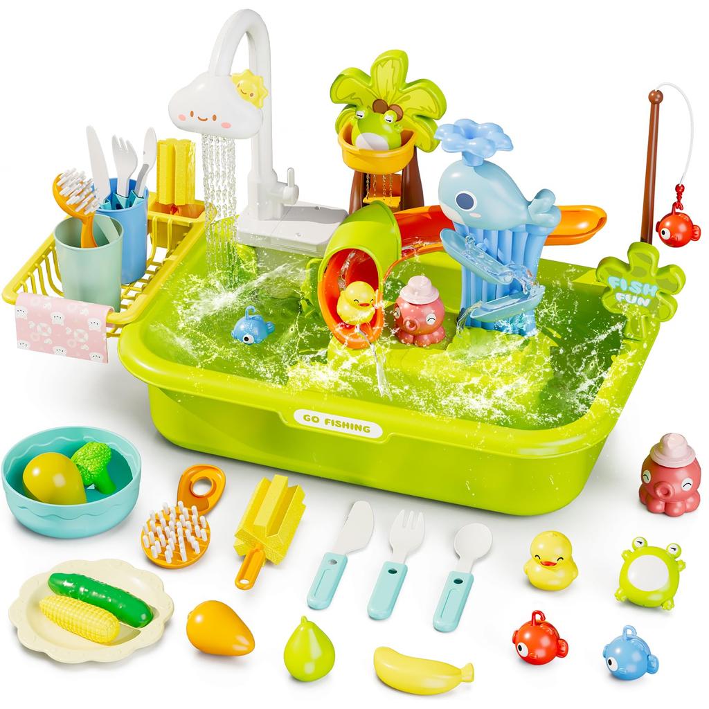 Kids Electric Kitchen Sink Toys With Running Water Pretend Play Dishwasher Fishing Toys Educational Role Play Gift For Girls