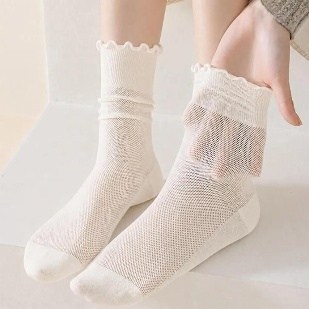 Hollige Haroo Plain Neutral Color Frill Mid-Length Socks black