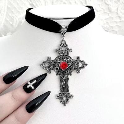 Temperament Goth Red Black Zircon Five-pointed Star Relief Cross Pendant Velvet Necklace for Women Halloween Party Jewelry Gift