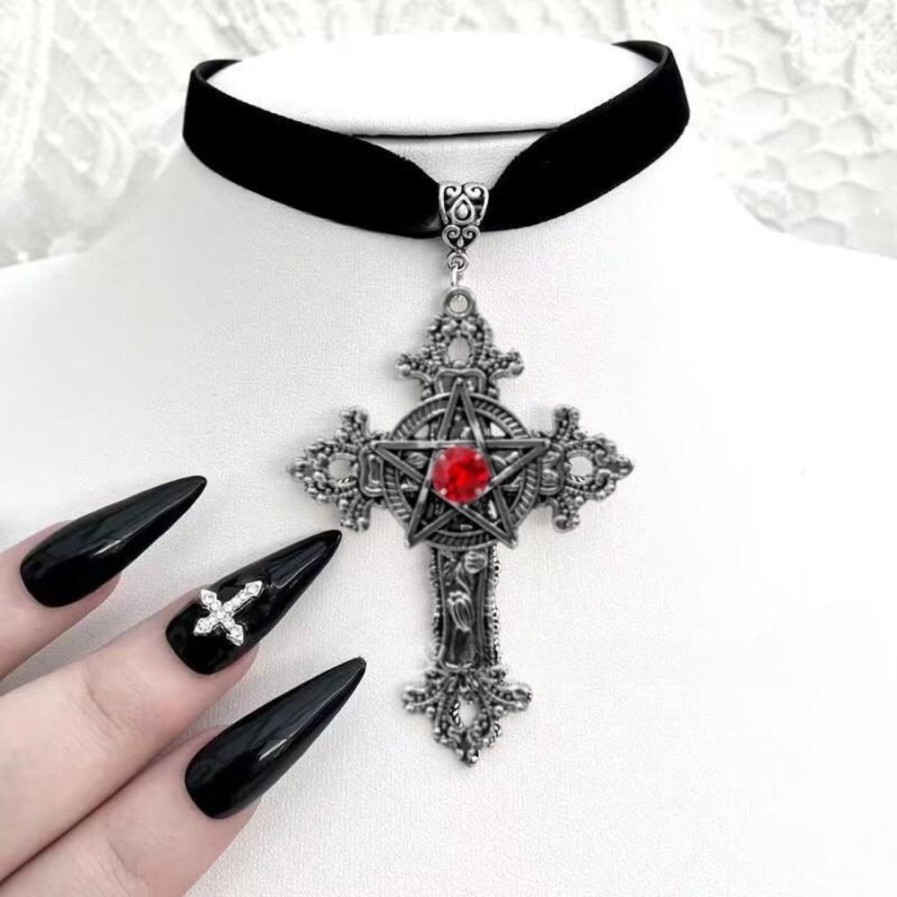 

Temperament Goth Red Black Zircon Five-pointed Star Relief Cross Pendant Velvet Necklace for Women Halloween Party Jewelry Gift