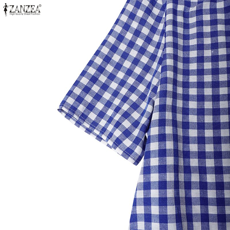 ZANZEA Damen Lässiges Rundhals-Kurzarmkleid mit Karomuster