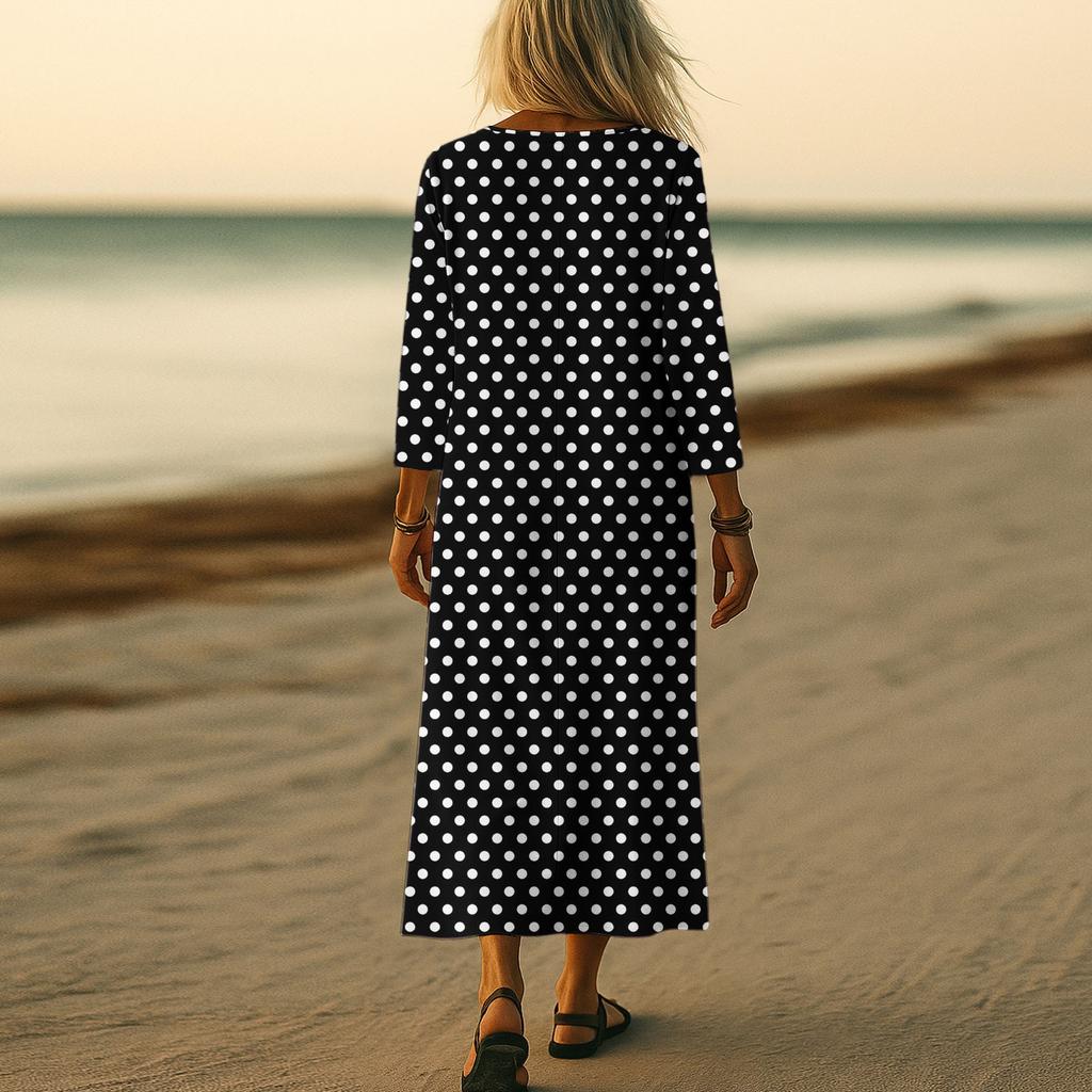 Dresses For Womens Vintage Print Tunic Waisted Midi Dress Summer Casual  3/4 Sleeve Dress