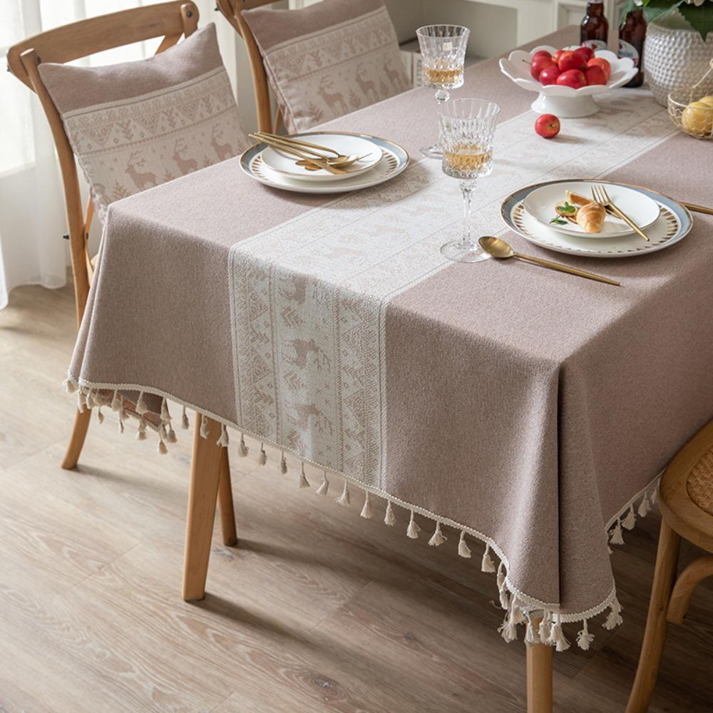 Christmas Reindeer Tablecloth Linen Cotton Rectangular Table Cover with Fringe Luxury Dining Table Decor