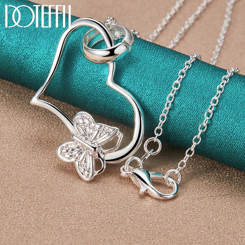 

DOTEFFIL стерлингового серебра 925 пробы в форме сердца в рамке с бабочкой 18 дюймов кулон ожерелье для женщин свадебная вечеринка модные украшения 45cm