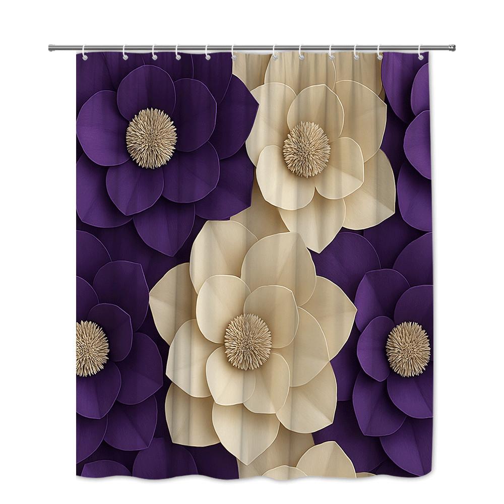 3D Flower Shower Curtain Purple Beige Paper Art Design Elegant Blooms Modern Bathroom Decor Waterproof Free Hooks Included
