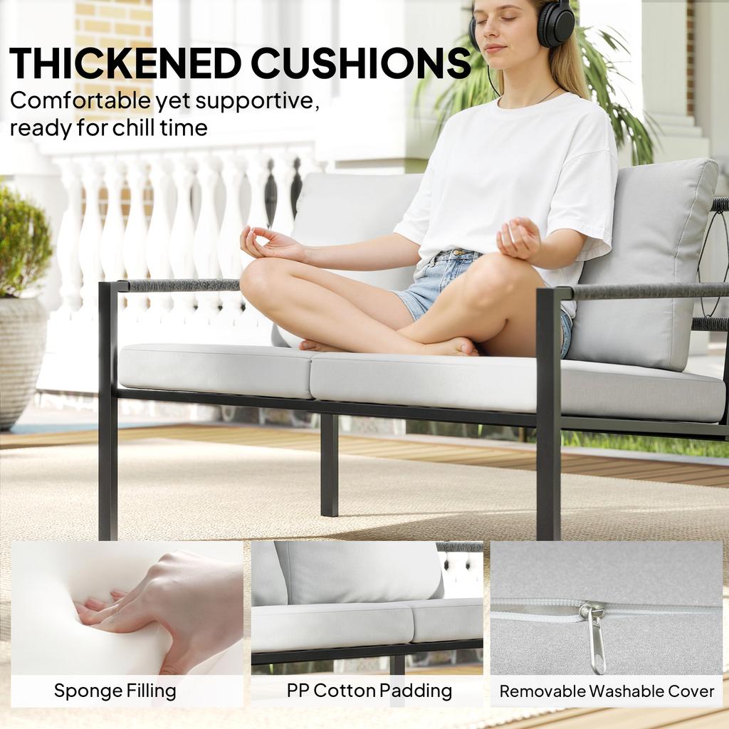 5 Piece Metal Garden Furniture Sofa Set with Thickened Cushions, Loveseat, 2 Armchairs, 2 Coffee Tables, Light Grey