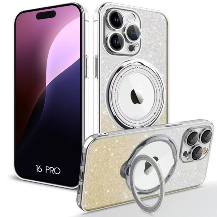Coque de protection - booling - iphone 16 pro - silicone souple - argenté - support rotatif