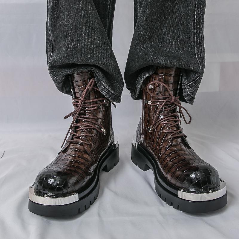 Men’s Retro Thick Sole Platform Punk Boots Elevator Street Style Big Head Motorcycle Boots High Boots Plus Size