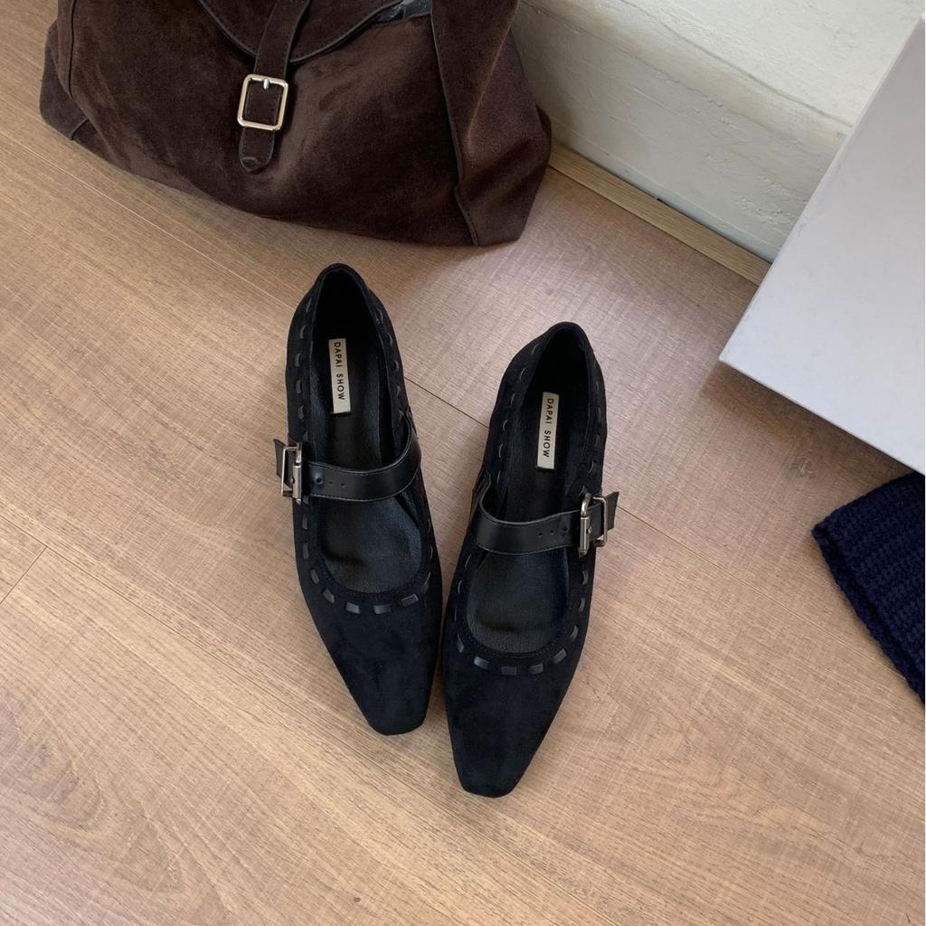 2025 new round head one-word with light mouth thick heel woven suede thick high heel Mary Jane women's shoes