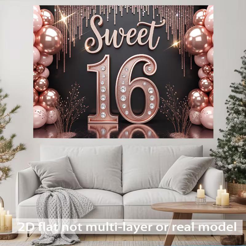 2D Sweet 16th Birthday Backdrop Rose Gold Balloon Party Background