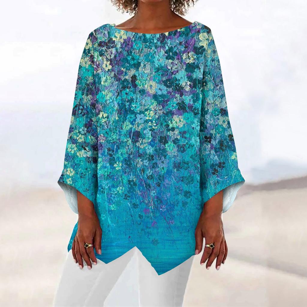 Ladies Tops Geometric Print Long Sleeve Paneled V-Neck Breathable Shirt