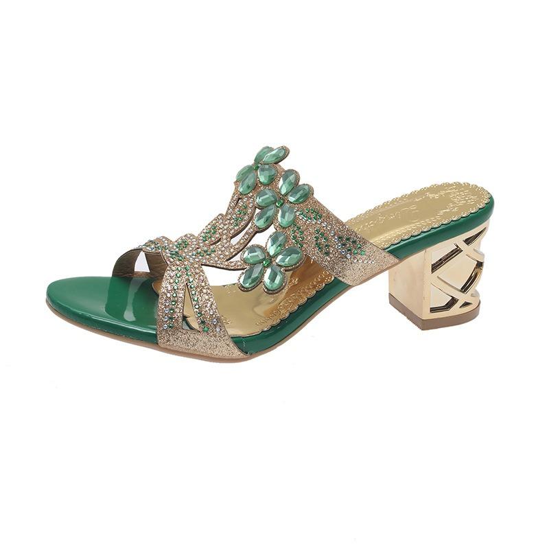 Sandale de vară pentru femei cu toc gros și vârf pătrat, tip slip, cu detaliu cataramă florală, încălțăminte casual elegantă franceză, respirabilă și ușoară.