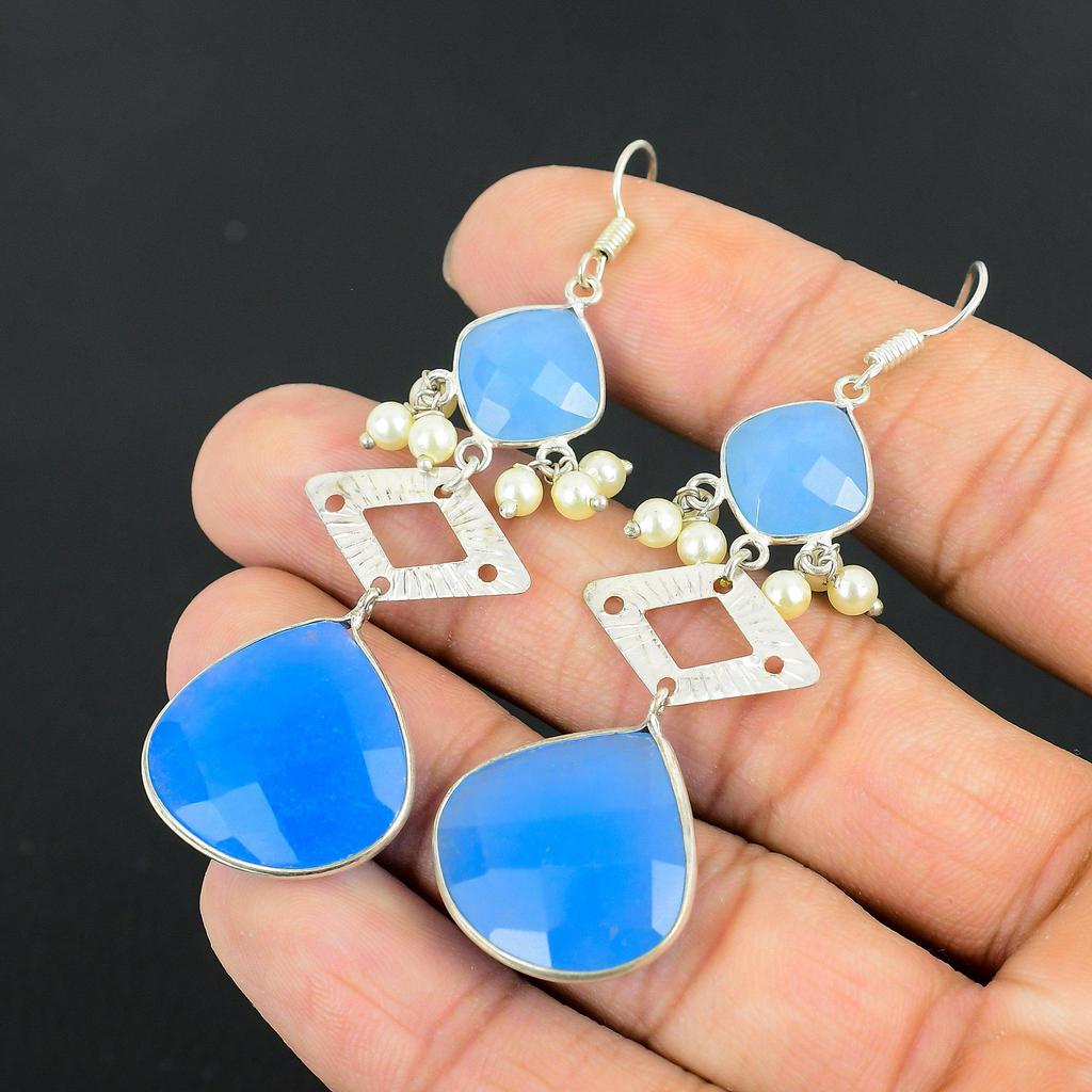 Daughters Day Sale Pear Blue Sapphire Gemstone Dangle Unique Earrings 925 Silver