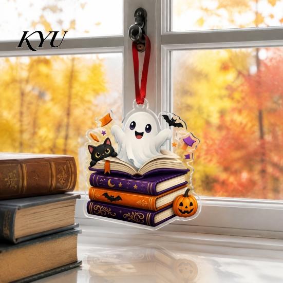 Halloween Festive Decorations Reading Ghost Hanging Ornament, Acrylic Holding Book Pumpkin Bookshelf Ornaments Black Cat Mummy Decor, 2D Cartoon