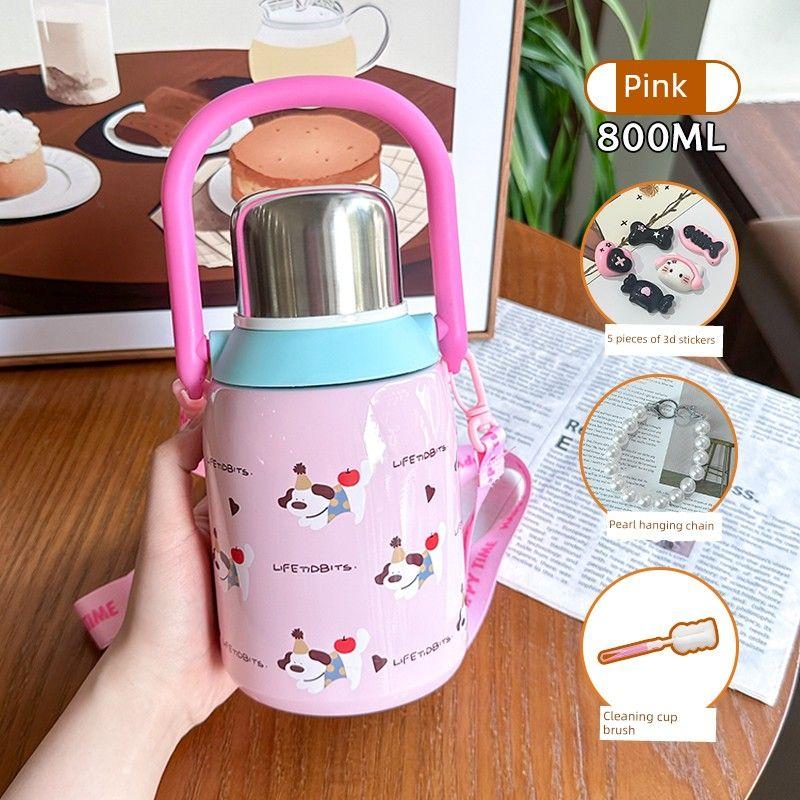 

Large Capacity Vacuum Cup for Girls Good-looking 2024 New Arrival 316 Stainless Steel Water Cup Double Drink Student Straw Cup Pink 800Ml+Black Pink 3D+Pearl Chain