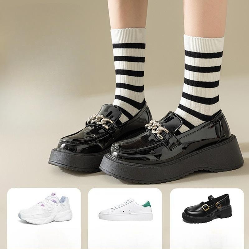 Women's Autumn and Winter Black and White Striped Anti-odor Mid-calf Socks, High Calf Socks, Sports Long Calf Socks